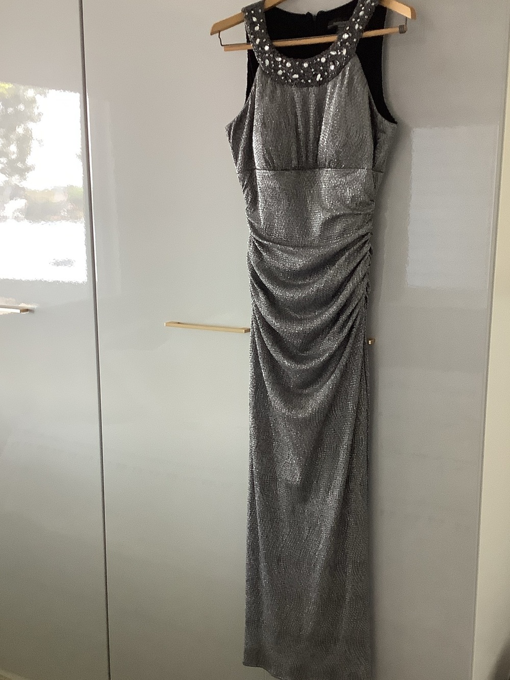 R&M Richards Silver Sequin Beaded Neck Maxi Dress